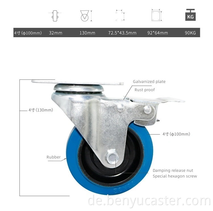 Trolley 100mm Drehbremsplatte Blaue Gummi -Räder Heavy Duty Casters